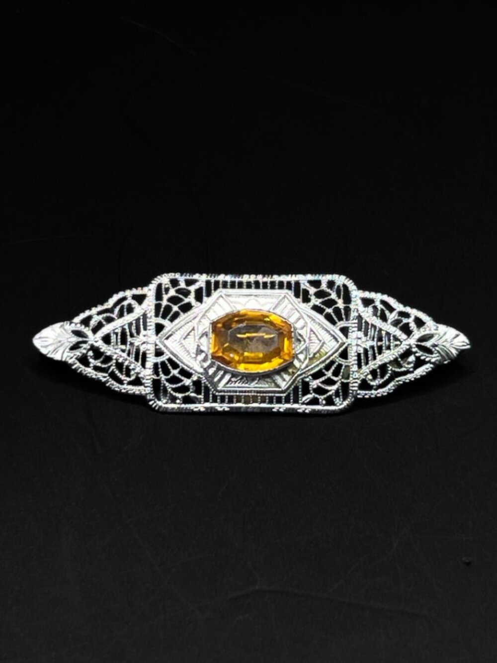 Antique Sterling Silver Filigree and Orange Czech Glass Brooch